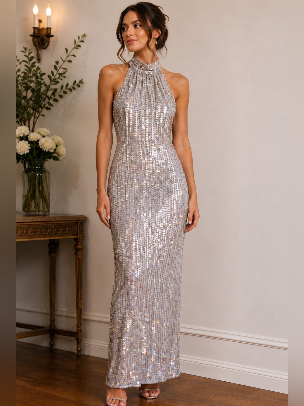 Vintage Papell Boutique Evening Silver Sequin Halter Gown Size 4 Formal Dress